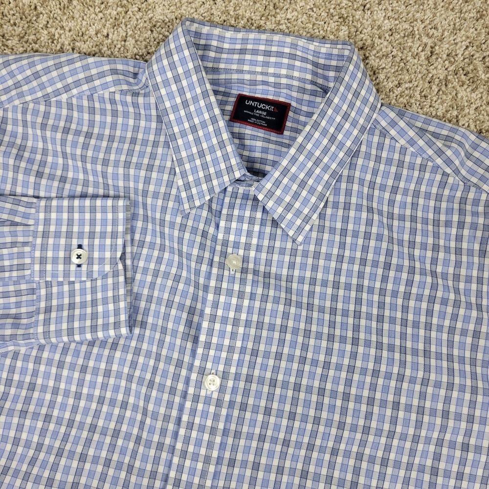 Untuckit Wrinkle Free Relaxed Fit Mens Large Blue White Check Button Up LS